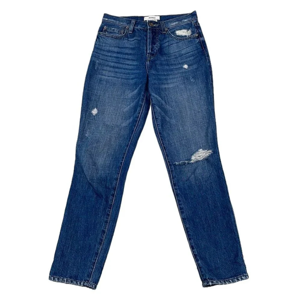 Pistola Jeans Buttons Curvy Straight Distressed Denim Blue Size 25